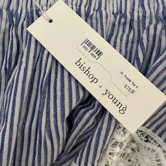 NWT Bishop & Young Small Blue and White Striped Off the Shoulder Top - Picture 3 of 5